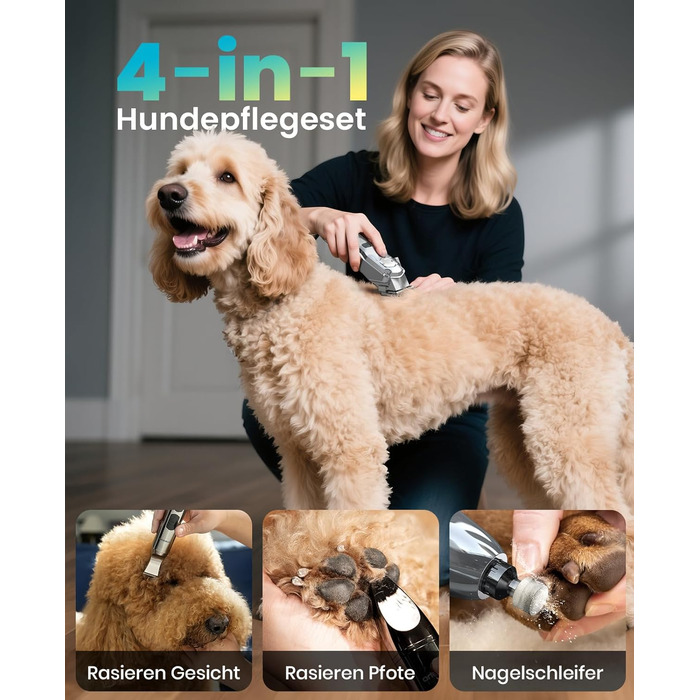 Машинка для стрижки собак Oneisall 4-в-1: стрижка, триммінг, шліфування кігтів. Для собак та котів, тиха, професійна, 4 години роботи від акумулятора