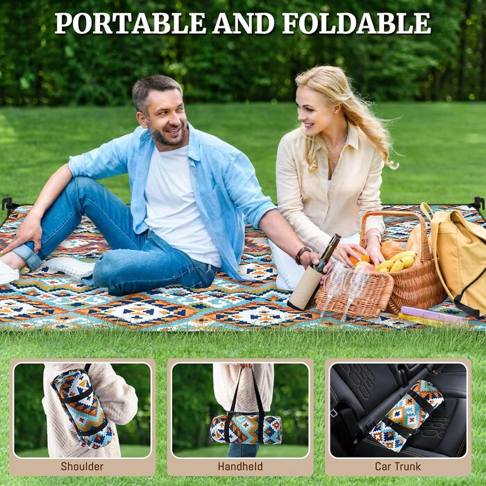 Плед для пікніка Boho водонепроникний, великий (XL 150x200 см) з ручкою, 4 кілочки, для пляжу, кемпінгу, парку - Boho стиль