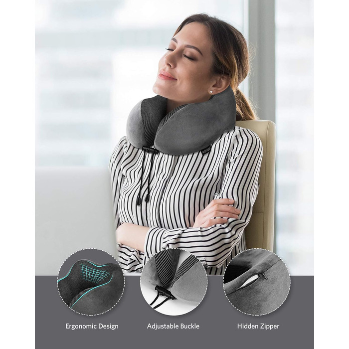 Подушка для шиї Homiee для подорожей: зручна, ергономічна, з memory foam, для автомобіля, літака, доросла (сіра)