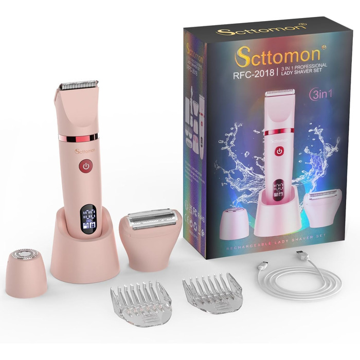 Електричний жіночий триммер 3-в-1 для обличчя, тіла та зони бікіні. Вологостійкий, з LCD-дисплеєм, рожевий