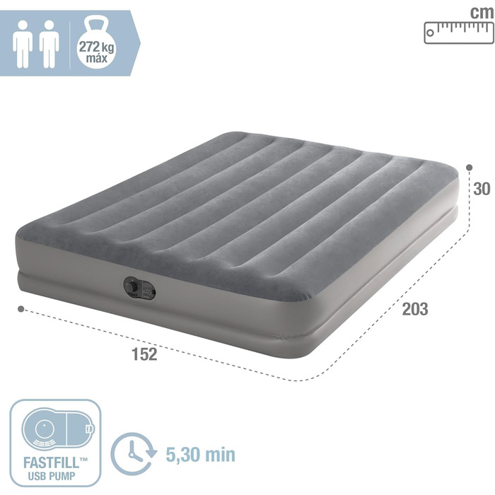 Надувний матрац Intex Dura-Beam Prestige Mid-Rise 152x203x30 см з USB-насосом, сірий - двомісний PVC матрац для дому та відпочинку