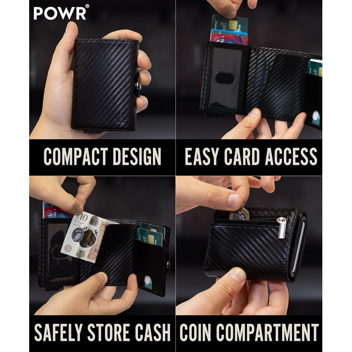 Чоловічий металевий картхолдер POWR Wallet з відділенням для монет. Мінімалістичний картхолдер для чоловіків (чорний карбон)