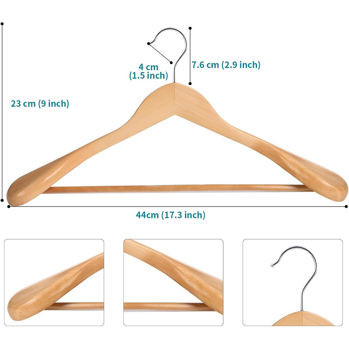 ABHENG Wooden Clothes Hangers, 10-Piece Suit Hangers, 360° Swivel Hook, for Jackets, Shirts, Suits, Coats, 44 x 5.5 x 23 cm (L x W x H), Natural Color AWY0410N