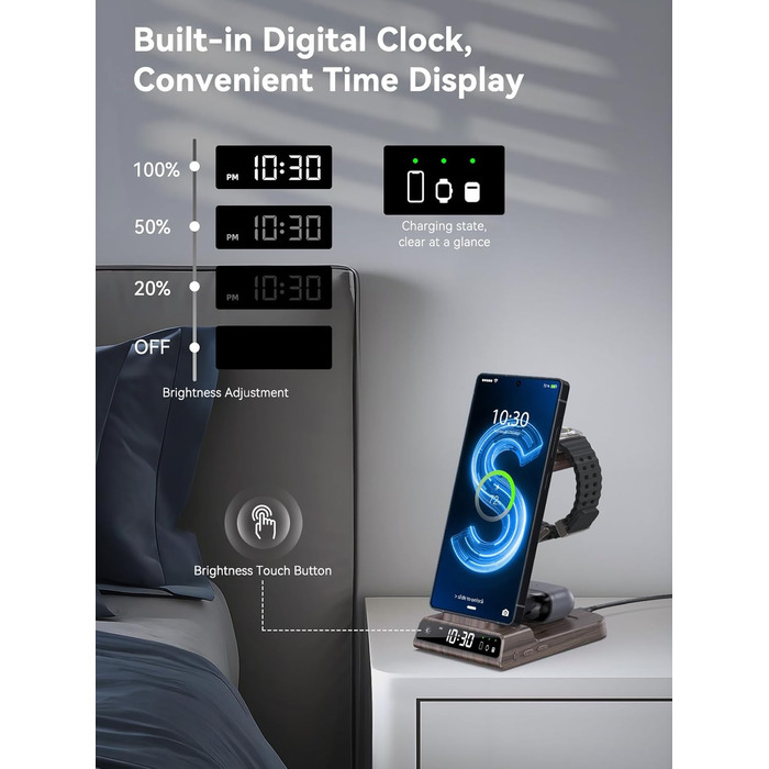 Бездротовий зарядний пристрій 3-в-1 для Samsung Galaxy S25 Ultra, Watch 8/7/Ultra, Buds, з цифровим годинником (дерев'яна текстура)