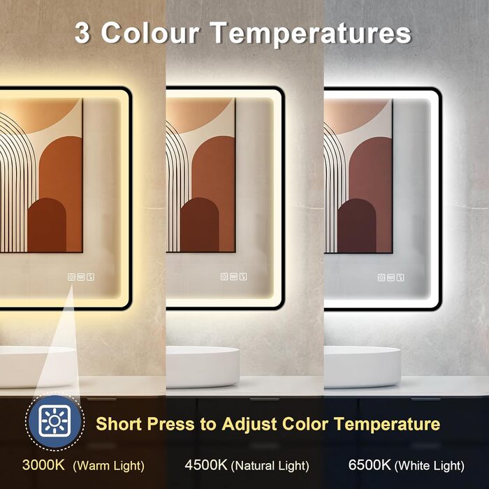 Дзеркало для ванної кімнати зі світлодіодним підсвічуванням STARLEAD 80x60 см, Bluetooth, протитуманне, регульоване, 3 кольори світла, HD скло, IP44, горизонтальне/вертикальне