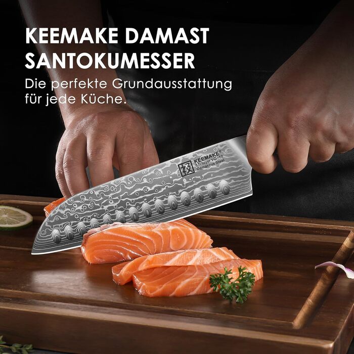 Ніж Santoku Keemake Damastmesser 17.8 см, професійний кухонний ніж з дамаської сталі (67 шарів) для м'яса та риби, ніж для шеф-кухаря 18 см