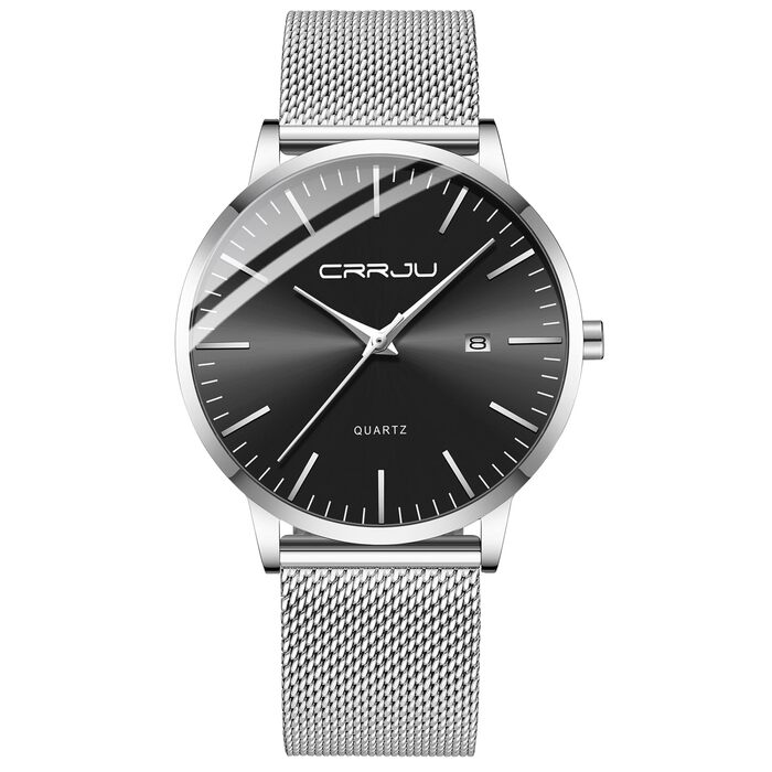 Чоловічий годинник CRRJU - ультратонкий, водонепроникний, з чорним міланською браслетом з нержавіючої сталі, кварцовий, бізнес-стиль