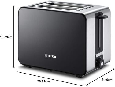 Bosch Compact Toaster ComfortLine TAT7203, integrated stainless steel bagel attachment, with automatic shut-off, with defrost function, perfect for 2 slices of toast, 1050 W, stainless steel/black Single
