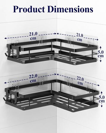 Поличка для душу Kitsure без свердління – 2 шт. Стабільне душове решітка без свердління з швидким стоком, нержавіючою статтю та міцним клейким кріпленням для ванної кімнати, 22,0 x 22,0 x 5,0 см, Чорний