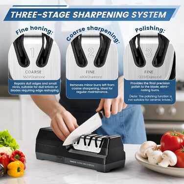 Електричний точило для ножів професійний 3-ступеневий з захистом від перегріву, тихий мотор, швидкий для кухонних ножів (чорний)