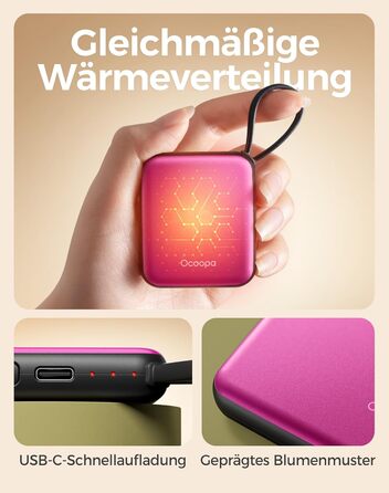 Електричні грілки для рук Ocoopa 2 шт. з акумулятором 4000mAh, USB, 3 режими нагріву, до 52°C, подарунок на Новий Рік, для зими, катання на лижах, подорожей та активного відпочинку, UT5 Nano Wiesengeflüster (Ocoopa x Künstleredition) (Рожевий)