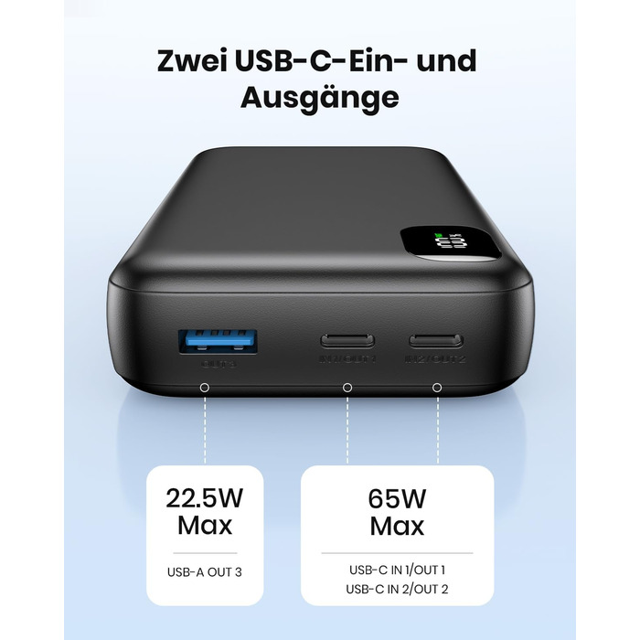 Power Bank A ADDTOP 20000mAh 65W: зарядний пристрій для ноутбука, iPhone, iPad. 2 USB-C, 1 USB-A. Чорний