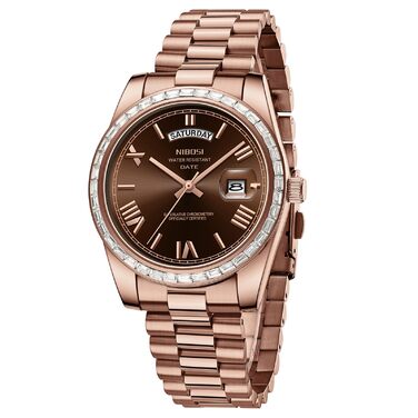 Годинник NIBOSI чоловічий аналоговий кварцовий з діамантовою безелем, сталевий циферблат, рожеве золото, срібло, водостійкий бізнес-класичний годинник з датою (рожево-коричневий)