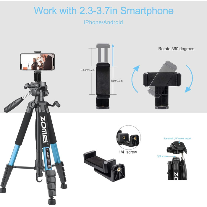 Штатив ZOMEi 188см - професійний для фото та відео, сумісний з DSLR, телефонами, проекторами (чорний, блакитний)
