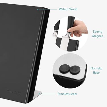 Navaris Magnetic Knife Holder from Rubber, 27.7x27.5x12cm - Magnetic Knife Block, Cutting Board, Wooden Magnet Holder - Knife Holder, Unfilled, Black
