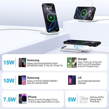 Бездротова зарядка 15W Stand для Samsung Galaxy S25 Ultra, S24 FE, S23, S22, S21, S20, Z Flip6, Google Pixel 9 Pro, 8, 7, 6, iPhone 16, 15, 14 - швидка складна зарядка (білий)