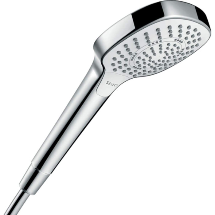 Hansgrohe Croma Select E Showerhead, Shower Spray, Water-Saving, 3 Spray Patterns, Anti-Limescale Function, White/Chrome