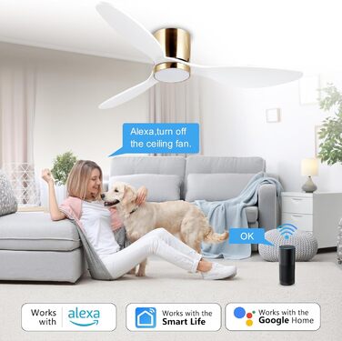 Стеляний вентилятор Reiga з LED-підсвічуванням та пультом керування, 132 см, тихий DC-двигун, 3 колірні температури, 3-лопатевий дизайн з дерева для спальні, вітальні та кухні, білий, монтаж на стелю