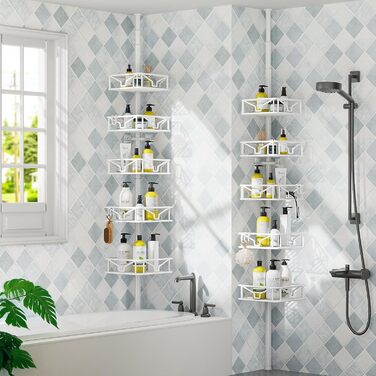 Кутовий телескопічний поличний органайзер для душу Bomclap з 5 кошиками, металевий, регульована висота 106-287 см, для ванни та душу, без свердління, білий