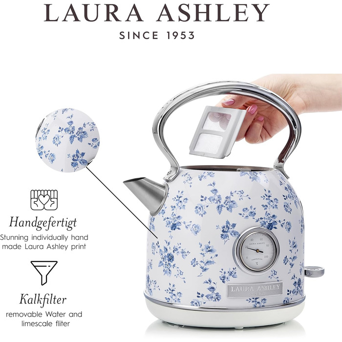Laura Ashley Elveden Wireless Electric Kettle - 1.7L Stainless Steel, 2.2kW Fast Boil, Temperature Display & Overheat Protection