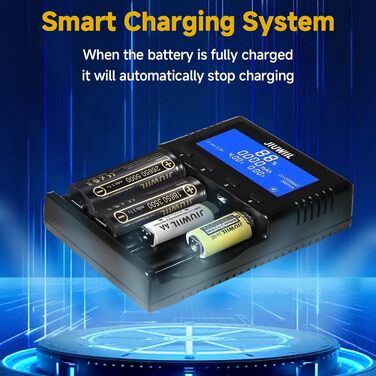 Зарядний пристрій JIUWIIL для акумуляторів 18650, 26650, Li-ion, LiFePO4 з LCD-дисплеєм - 4 слоти, швидка зарядка