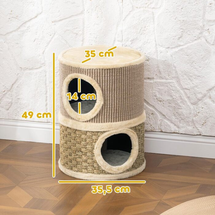 Кігтеточка для котів PawHut 79 см, 3 яруси, з сизалевого мотузка, плюшева, для великих котів, бежево-коричнева (35,5 x 35,5 x 49 см)