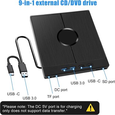 Зовнішній CD/DVD привід USB 3.0 Type-C з картридером SD/TF, портативний CD/DVD записувач для ноутбука, ПК, MacBook (Windows, macOS, Linux)