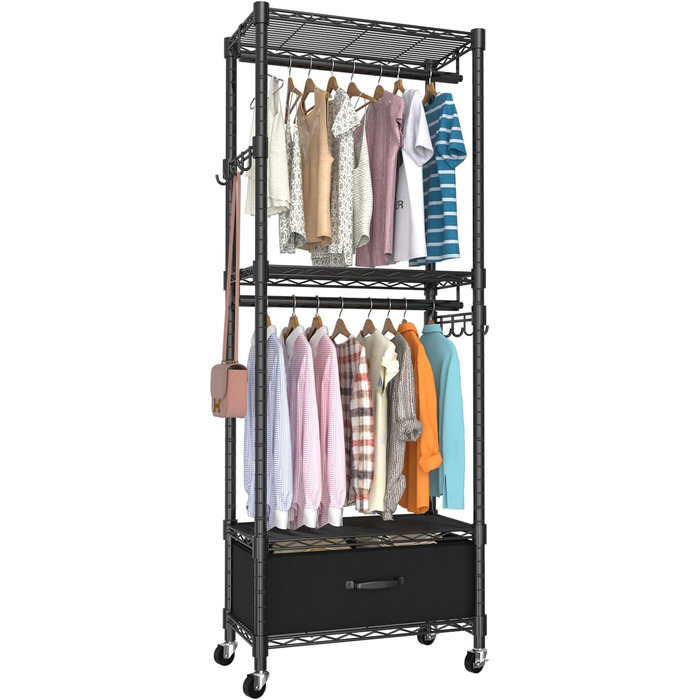 Clothes Rack, Clothes Rack, 4 Tier, Adjustable Closet Organizer System with Drawer | Double Rods | Side Hooks | Holds 445 lbs