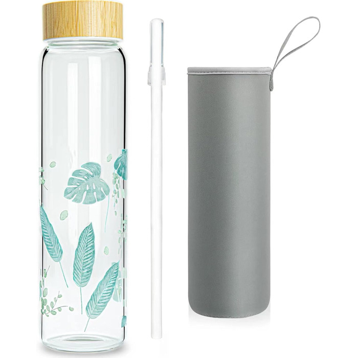 Glass Drinking Bottle 1l Glass Water Bottle with Bamboo Lid 1 Liter (1000ml) (Blue Leaves 1liter)