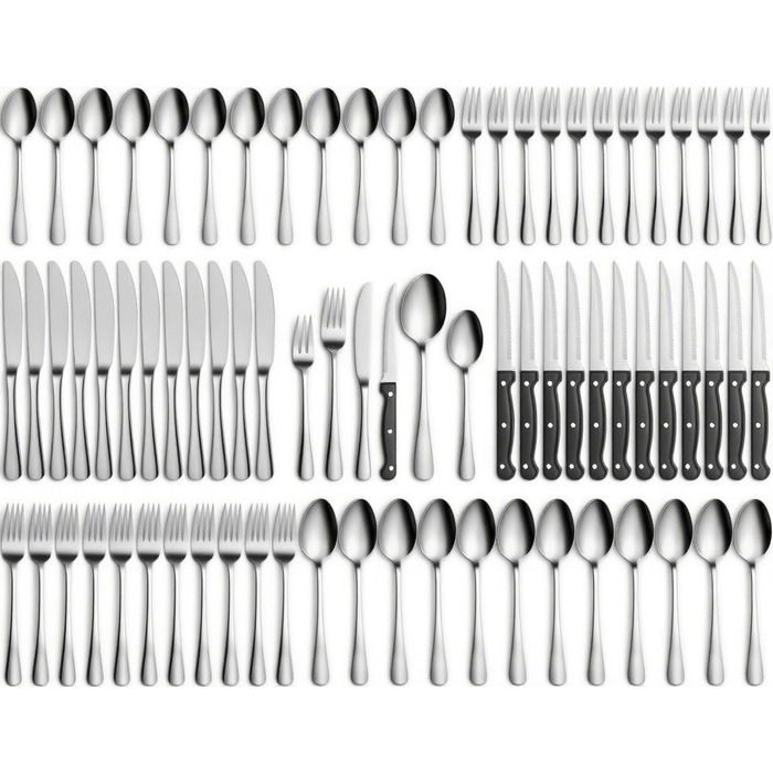 Набір столових приборів на 12 осіб, 60 предметів, чорний, з нержавіючої сталі, високоглянцевий, придатний для миття в посудомийній машині, елегантний, з ножем, виделкою, ложкою, для дому, вечірки, ресторану