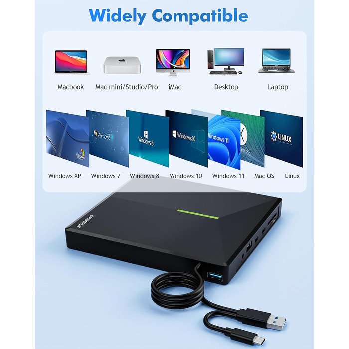 Зовнішній DVD/CD привід ORIGBELIE з 4 USB-портами та 2 слотами для TF/SD карт, USB 3.0, портативний для ноутбука, MacBook, PC (Windows, Linux, Mac OS)