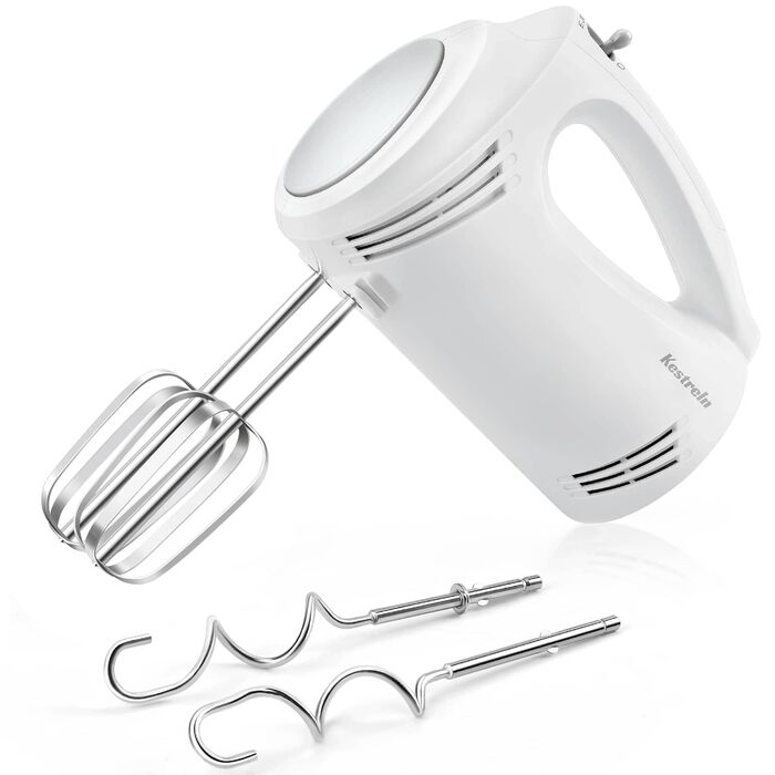 Ручний міксер 350 Вт, 5 швидкостей, з нержавіючої сталі (віночок та гак), ергономічна ручка, довгий кабель, BPA-free – білий KS1 S1
