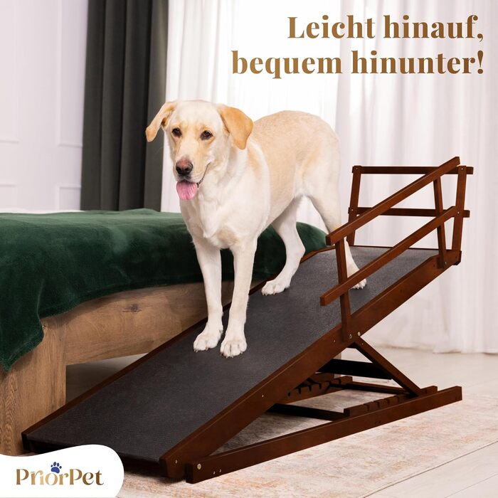 Східці для собак до ліжка з огорожею - для великих собак до 90 кг - регульована висота до 94.5 см - ширина 49.5 см - складаються - антиковзні ручки - з берези - колір натуральний (волоський горіх)