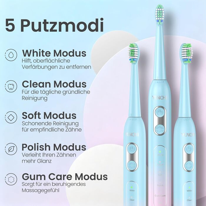 Електрична зубна щітка YUNCHI C2 з 40000 VPM, звукова, для дорослих та дітей, USB-C зарядка, 30 днів роботи, 5 режимів, 8 насадок, рожева/блакитна