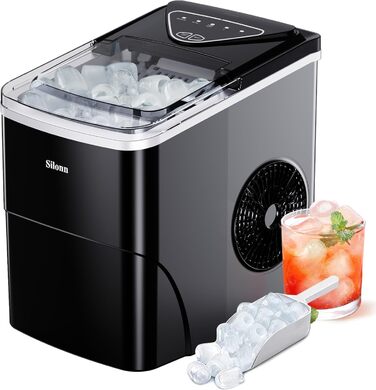 Silonn Ice Maker - Compact Ice Cube Machine for Kitchen, Bar, Office & Party - 2 Sizes, 12KG/24H, Self-Cleaning, Black