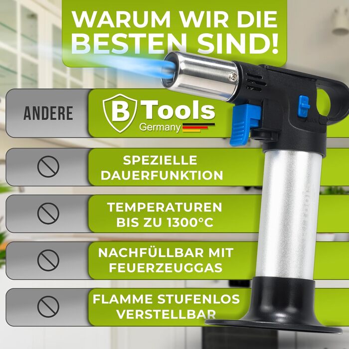 Кулінарний пальник STAHLMANN® для карамелізації та фламбування (1300°C), преміум-якість, з 2-ма балонами газу по 300 мл