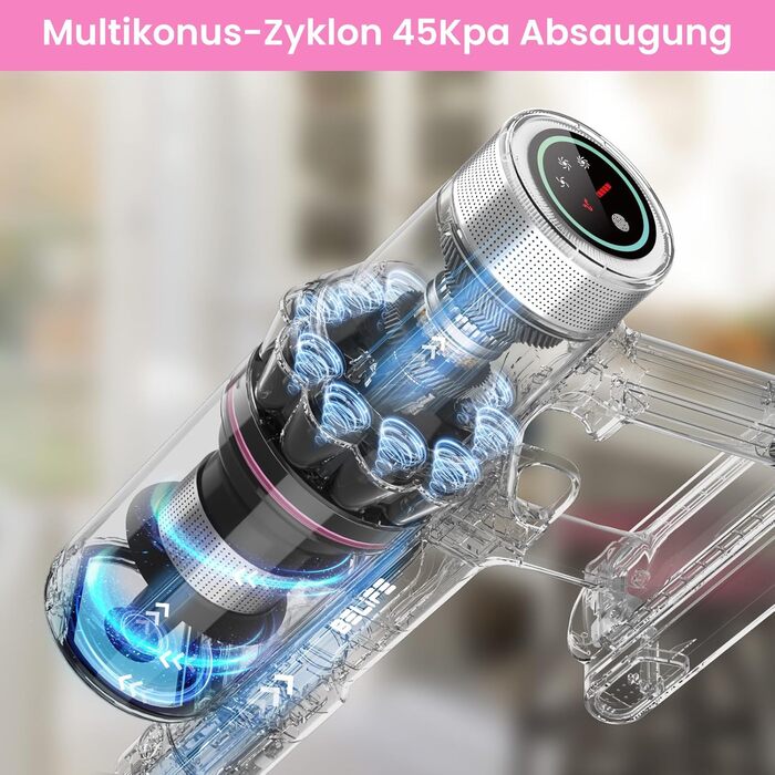 Бездротовий пилосос Belife Akku: потужний, 6-в-1, для тварин, килимів, твердих поверхонь, LED-дисплей, 45 хв роботи, 45000Pa, 550W, безщітковий мотор (рожевий)