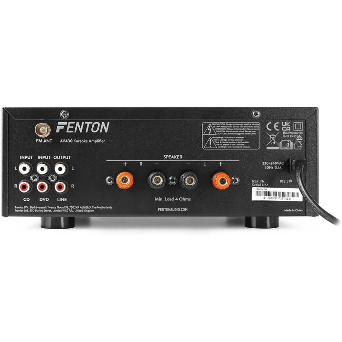 Fenton AV430B караоке підсилювач 600 Вт з Bluetooth, USB, SD, MP3, 2 мікрофонні входи, стерео Hi-Fi, з пультом, чорний