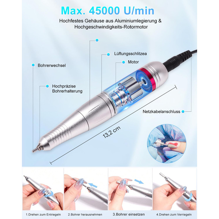 Електрична машинка для манікюру та педикюру CozyZen Professional: 45000 об/хв, LCD-дисплей, керування рукою/ногою, тиха робота, для акрилу та гелю, білий