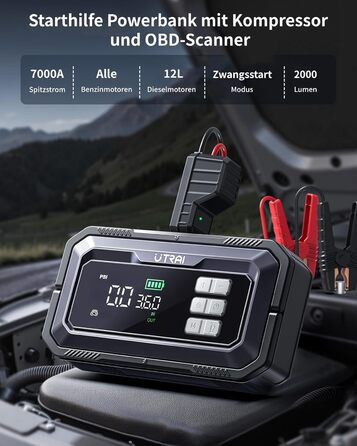 Powerbank для авто UTRAI 7000A з компресором та OBD-сканером: пускозарядний пристрій, LED-ліхтар 2000 люмен, 160W DC вихід (бензин/12L дизель)