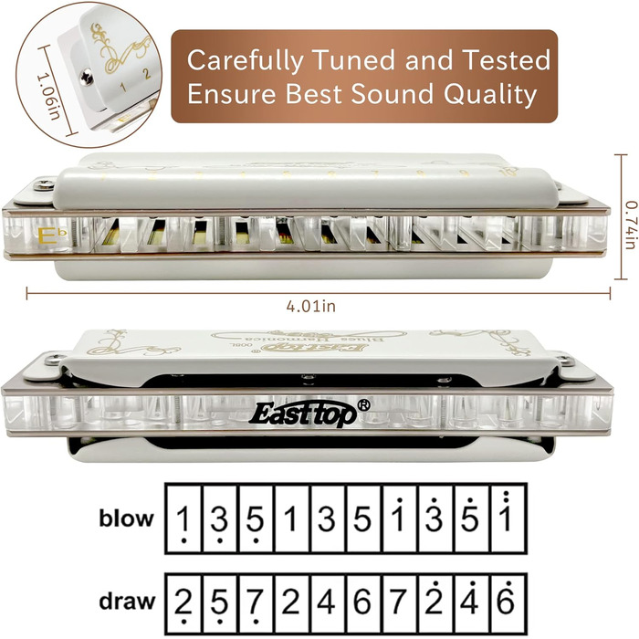 Губна гармошка East Top Diatonische Blues Harmonica C Key T008L - 10 отворів для професійних музикантів, початківців та дітей