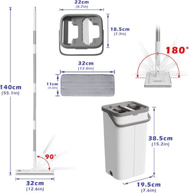 Набір для миття підлоги з відром, вичавлювач для підлоги, набір мопів 2 в 1 з регульованою ручкою з нержавіючої сталі та 6 мікрофібровими насадками, підходить для плитки та ламінату (моп з відром - білий)