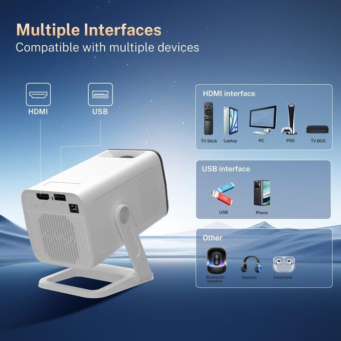 Портативний проєктор LYNCAST з Wi-Fi та Bluetooth, Android 11, 1080P/4K, поворотний на 180°, для домашнього кінотеатру та на відкритому повітрі (VisualCube 300 White)