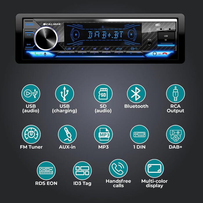 Автомагнітола Caliber 1DIN Bluetooth DAB+/FM, 4x100Вт, USB/MicroSD, 2.1A зарядка, AUX-in, hands-free, зовнішній мікрофон, RCA вихід, підсвічування, підтримка MP3/WMA/APE/FLAC/AAC