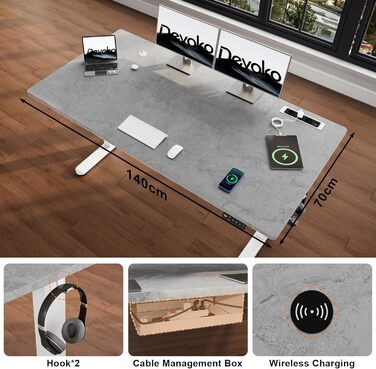 Devoko Adjustable Standing Desk, Electric Standing Desk with Wireless Charger, Memory Control, 3 USB Ports, 360° Swivel Wheels (Gray & White, 140 x 70 cm)
