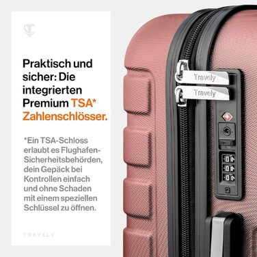 Набір валіз Travely з полікарбонату: 77см, 67см, ручна поклажа, TSA-замок, рожеве золото