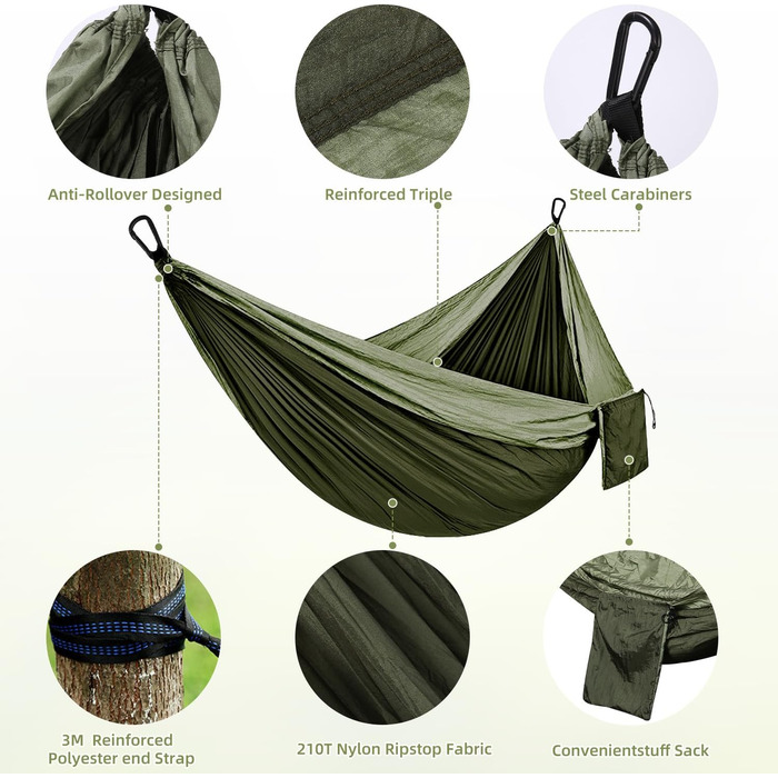 Гамак для відпочинку на природі та кемпінгу: міцний, ультралегкий, для одного або двох, 300 кг, 200 x 300 см, нейлон, зелений (хакі)