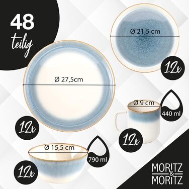 Столовий сервіз Moritz & Moritz TARENTO на 12 осіб, 48 предметів, синій — елегантний набір посуду зі стонованої кераміки: 12 обідніх тарілок, 12 десертних тарілок, 12 супових тарілок, 12 чашок