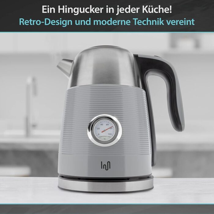 Електричний чайник з нержавіючої сталі 1.7 л з термометром, LED-підсвічуванням та автовимкненням, срібно-сірий