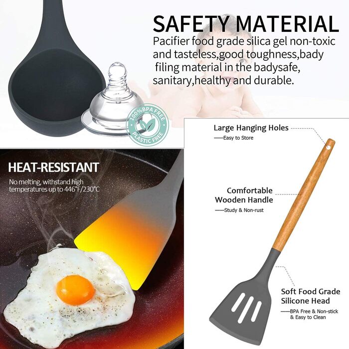 Набір кухонних аксесуарів KagoLing: 13 предметів з силікону з дерев'яними ручками (сірий)